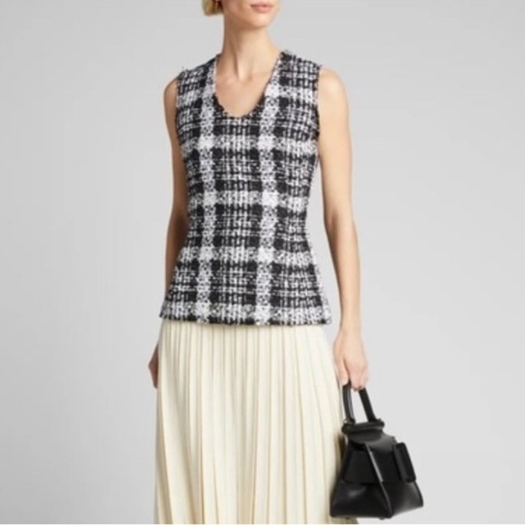 Theory Tops - Theory Sculpted Tweed Black Cream White Sleeveless Lined Zip Closure Blouse S